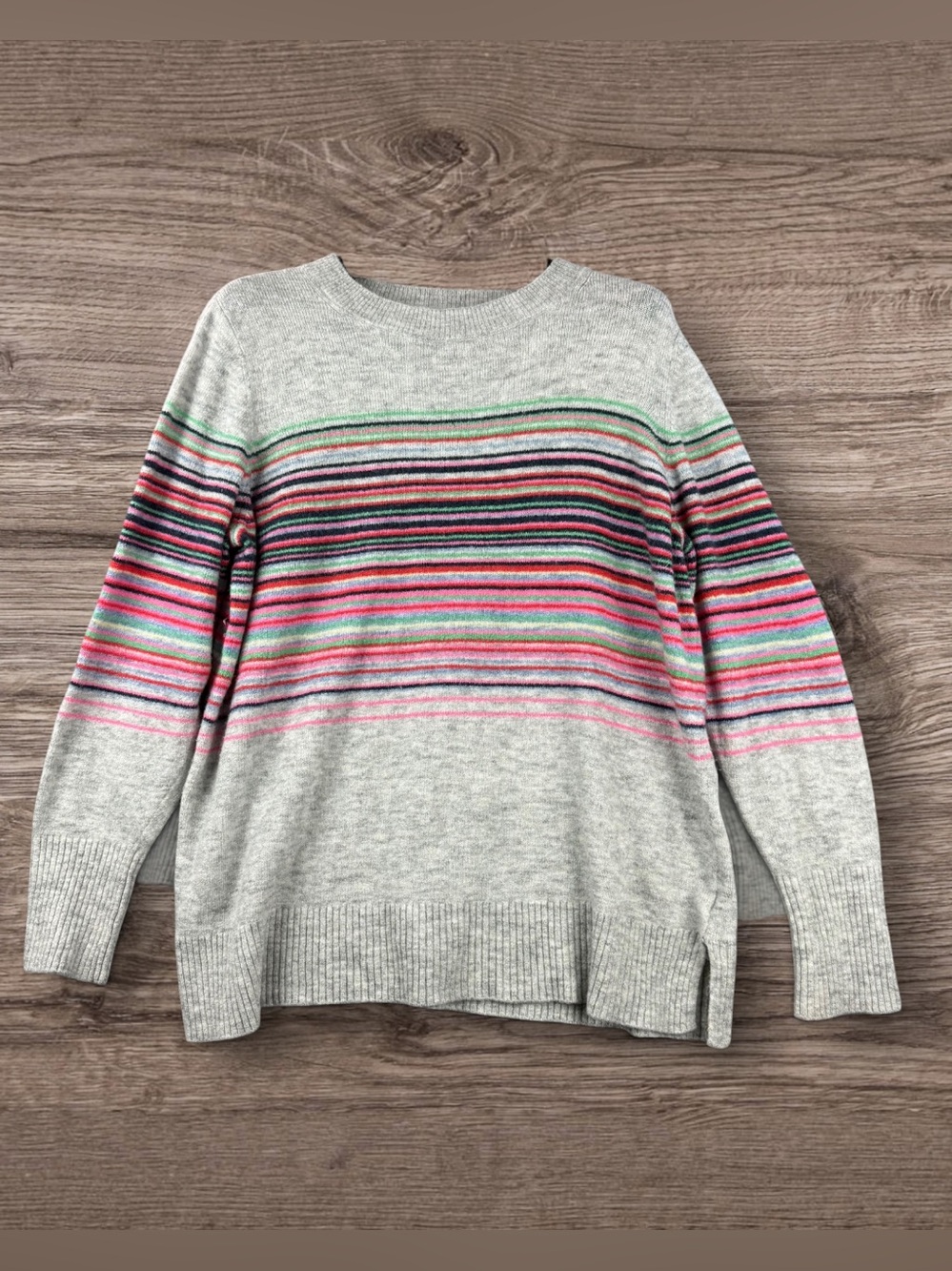 Gap Women's Light Gray Multi Striped Crewneck Sweater